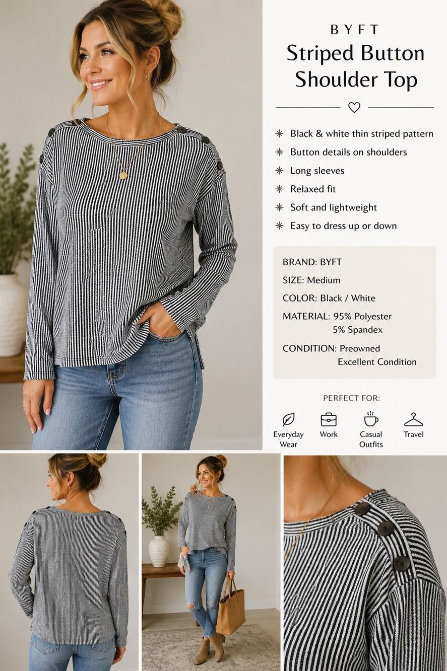 GYFT Women’s Black & White Striped Button Shoulder Long Sleeve Top Size M